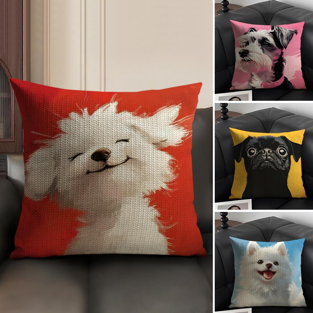 Dog Cute Cushion Cover Natural Linen Organic Fabric Double-Sided Printing Sofa Home Decor Gift Pillow Case