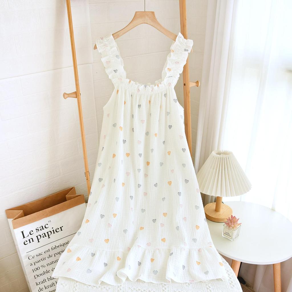 Summer Women's Cotton Spaghetti Strap Nightgown - Sweet, Loose, Mid-Length Dress