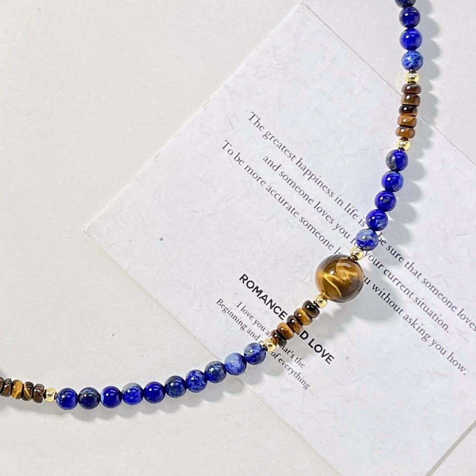 4Mm Retro High Quality Natural Lapis Lazuli Tiger'S Eye Stone Design Necklace Collarbone Chain