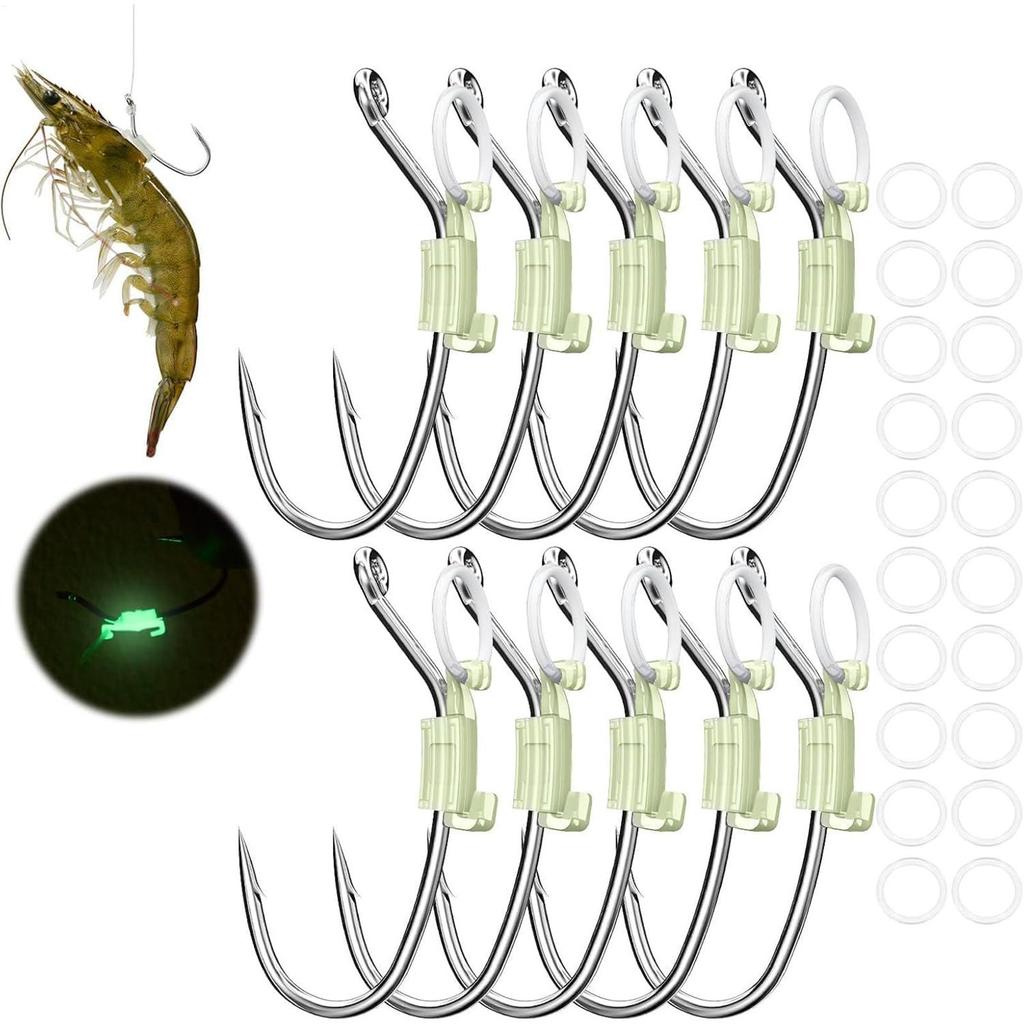 10pcs Shrimp Walker Luminous Bait Holder Carbon Steel Fishing Hooks Barbed Bait holder With Hole For Catfish Bream Trout Bass
