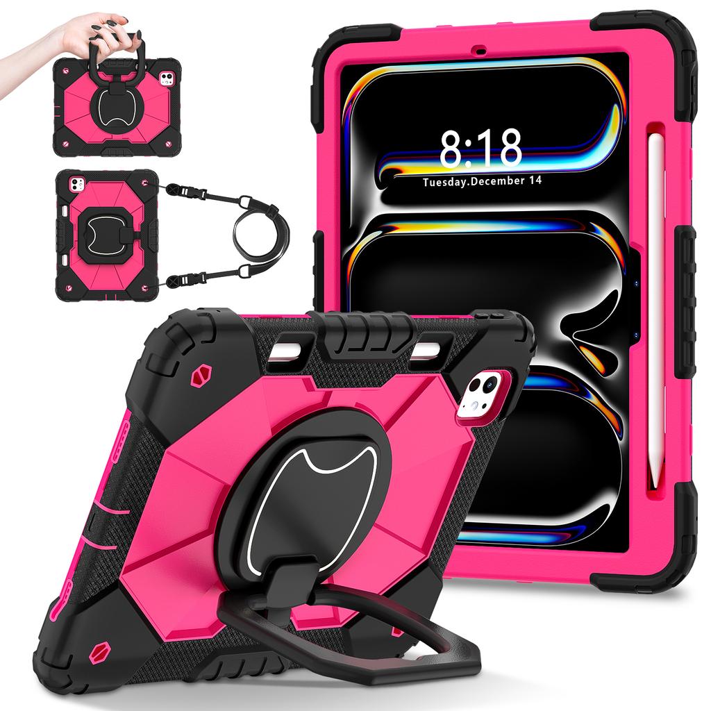 For iPad Pro 11 (2025)/11 (2024) Kickstand Case Silicone+PC Tablet Cover with Shoulder Strap