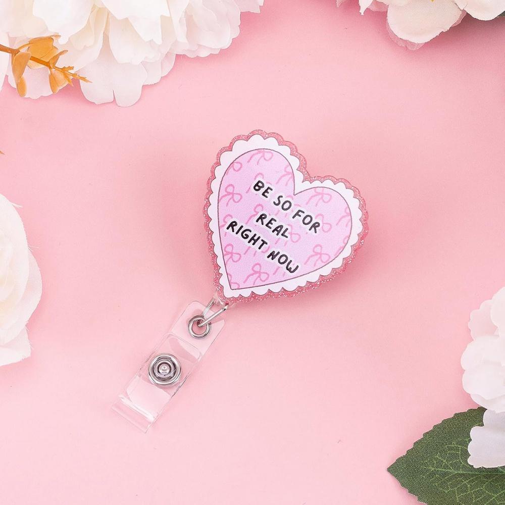 Heart Badge Reel Heart-Shaped Pink Heart Badge Holder Work Card Clip Pink Retractable Name Tag Clip For Animation Enthusiasts