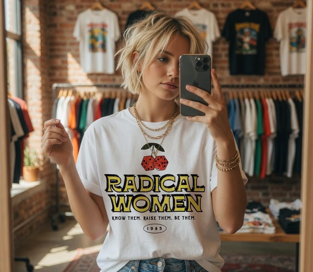 Radical Women T-Shirt | Feminist Cherry Dice Shirt | 1985 Vintage Girl Power Tee L