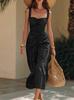 Elegant Resort Style Cotton Linen Midi Dress with Wide Shoulder Straps and Ruffles, 2026 Collection.
