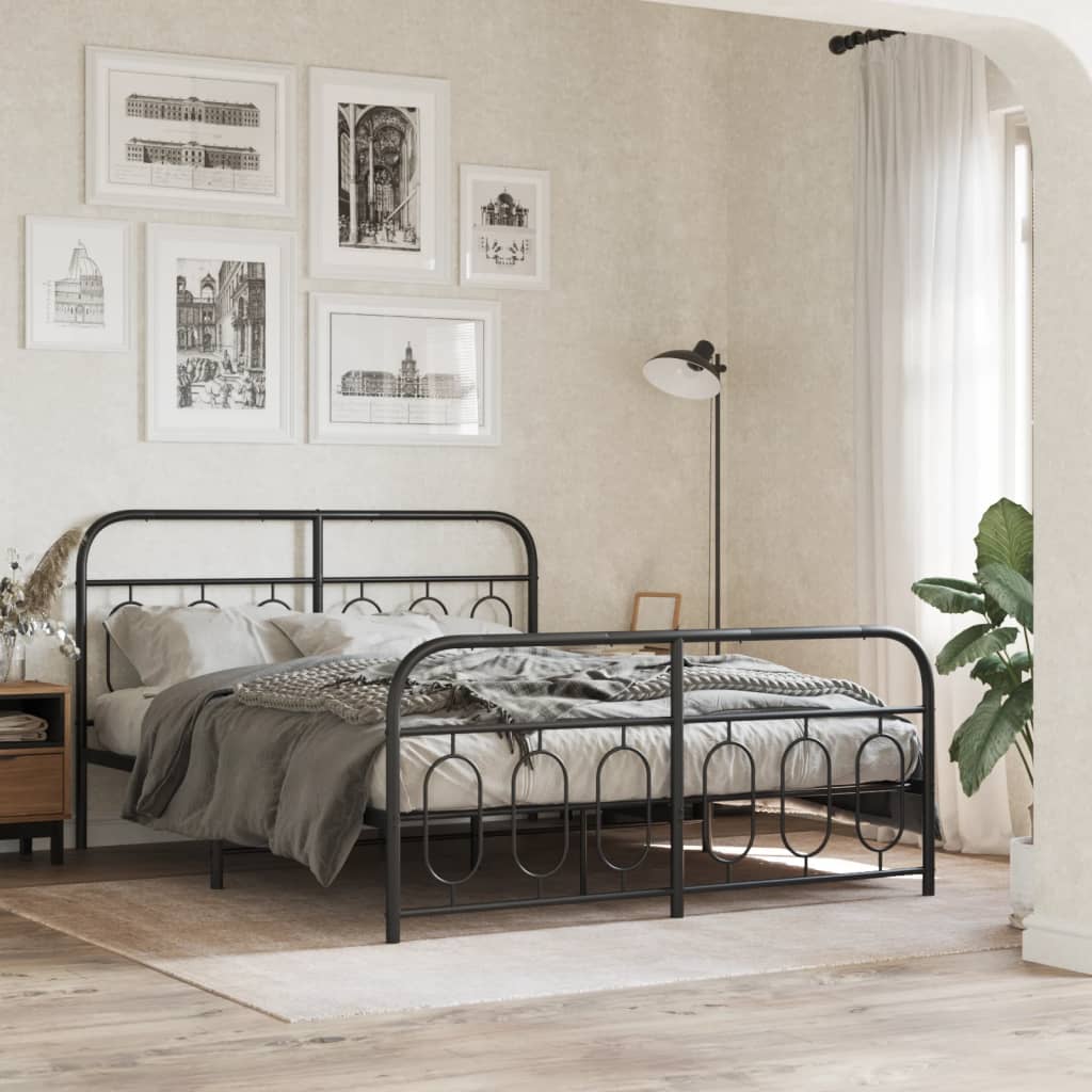 Metal Bed Frame with Headboard and Footboard Black 135x190 Cm