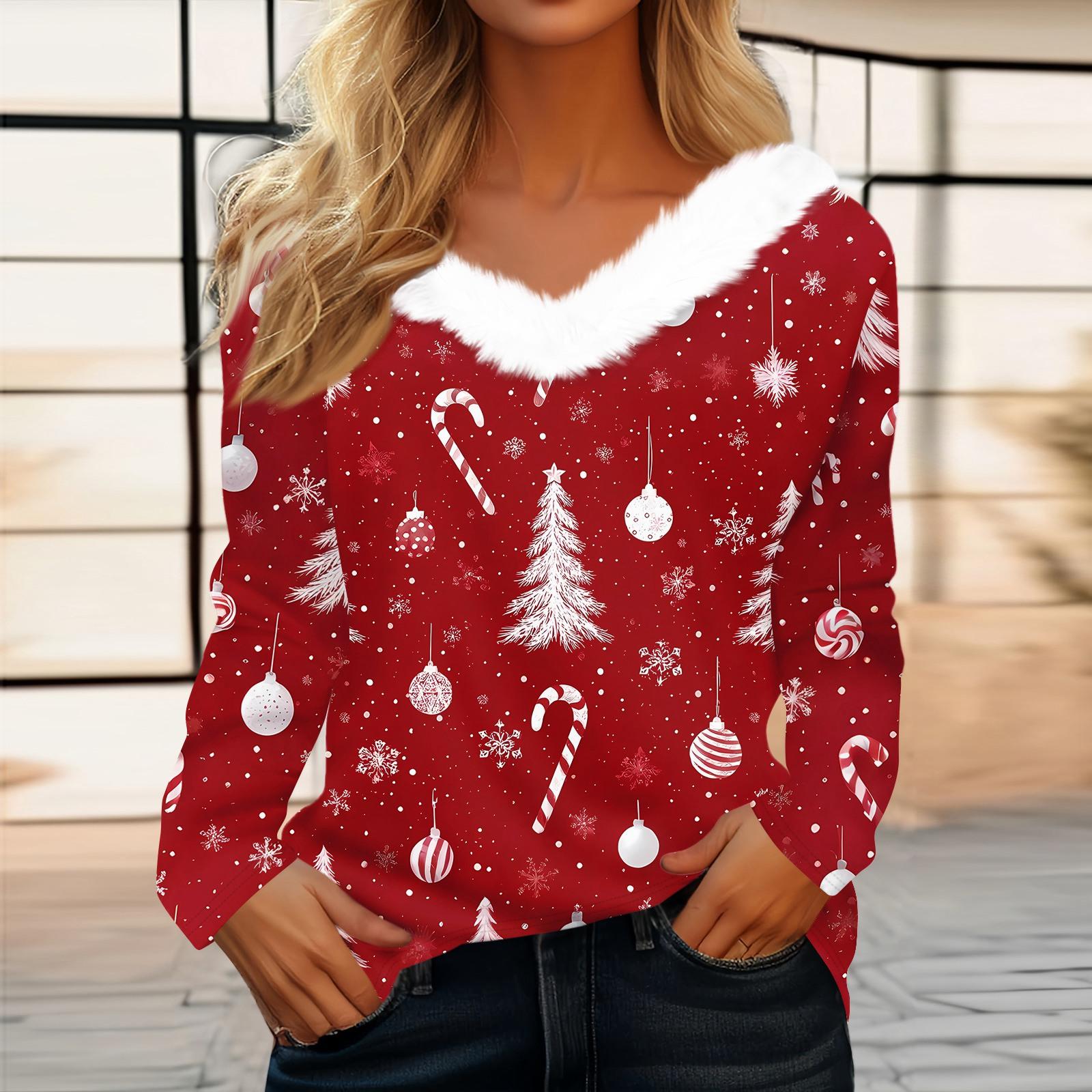

Женская футболка с рождественским принтом, вечерние рубашки с длинным рукавом, рождественский флисовый воротник, топ с v-образным вырезом S