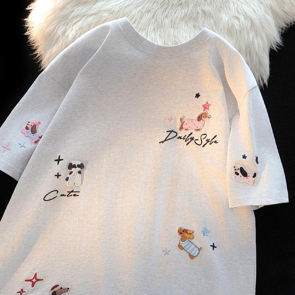 American Chic Embroidered Puppy Short-Sleeve Cotton T-Shirt for Women – Summer Loose Fit Cute Top