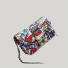 [Geometric Crossbody Bag] Vibrant Red/Black Women's Crossbody Bag - Geometric Pattern with LOVE Design, Chain Strap, Flap Closure, Crossbody Purse