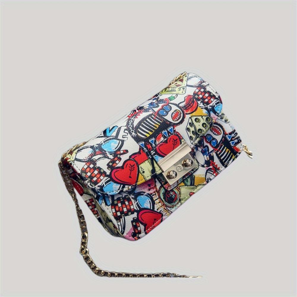 [Geometric Crossbody Bag] Vibrant Red/Black Women's Crossbody Bag - Geometric Pattern with LOVE Design, Chain Strap, Flap Closure, Crossbody Purse