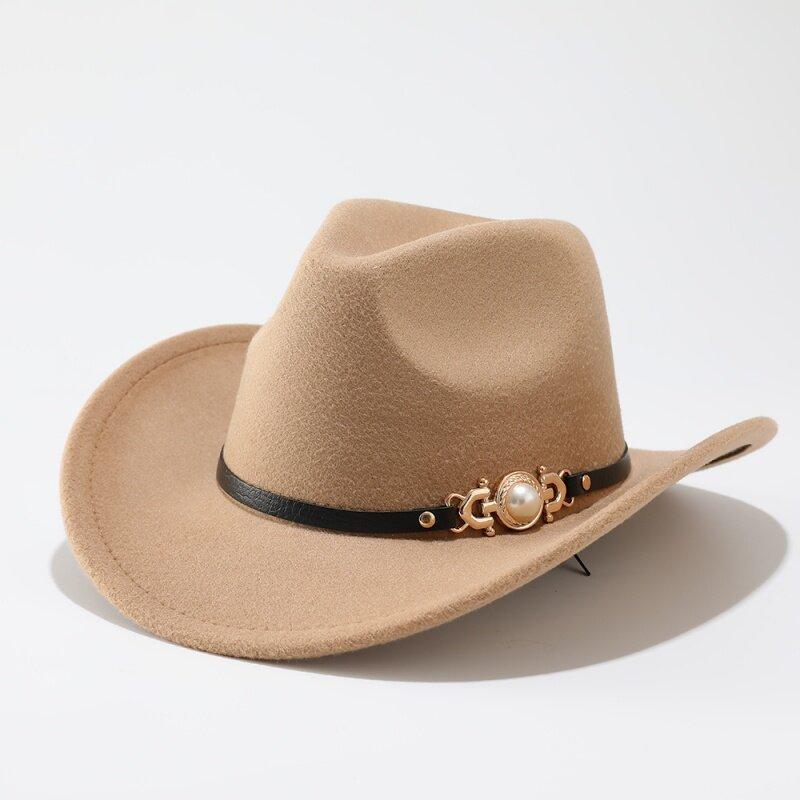 Vintage woolen western cowboy hat belt decoration autumn and winter hat women's high-end French top hat British style