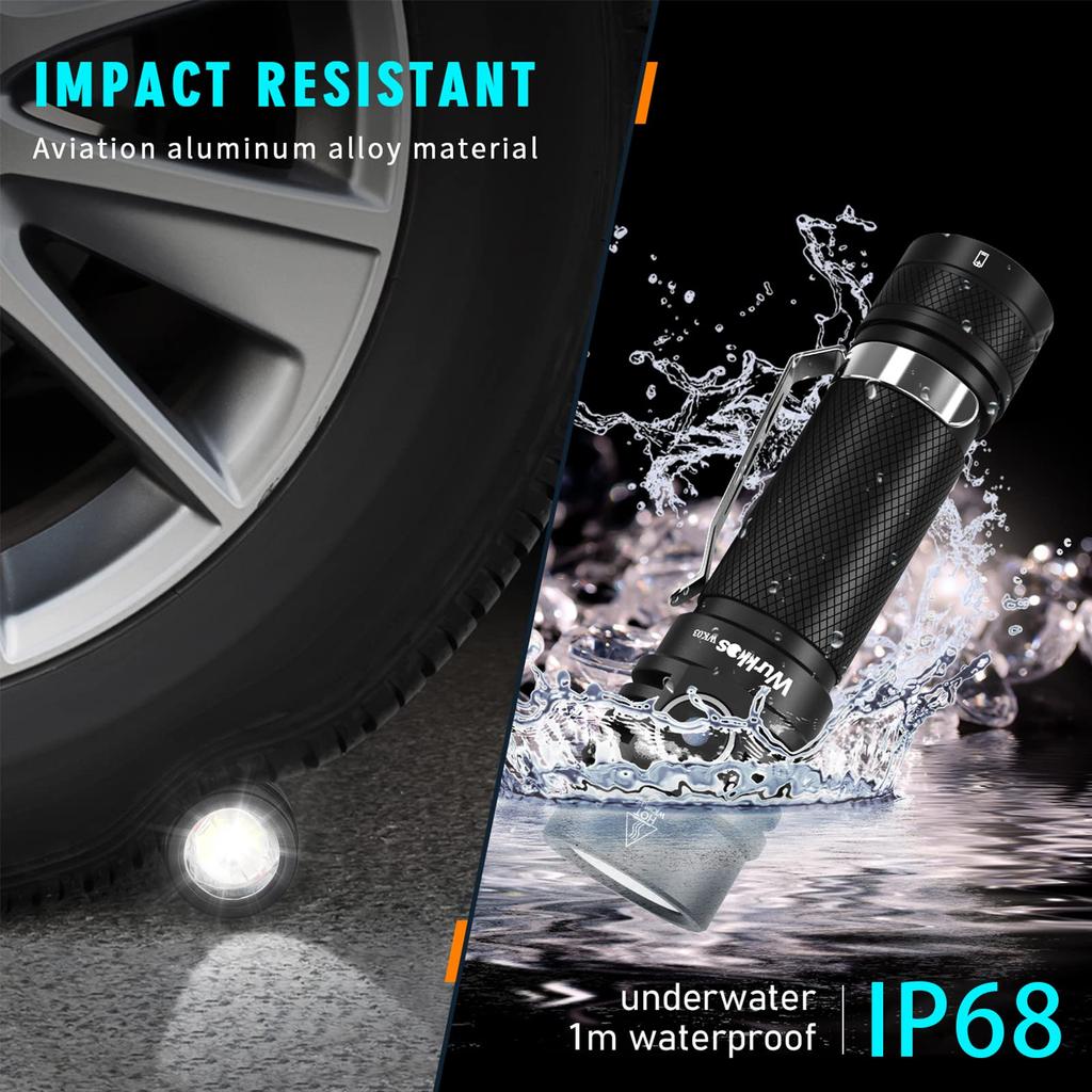 Wurkkos WK03 Emergency LED 1800 High IP68 Battery Level Perfect for Power Night and Repair Work Flashlight, Light, Lumens, Brightness, Compact,