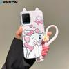 KEYSION Cute Ear Cartoon Case for VIVO Y21 Y21S Y21T Y33S Y33T with Lanyard Soft Silicone+PC Shockproof Phone Cover for VIVO T1X
