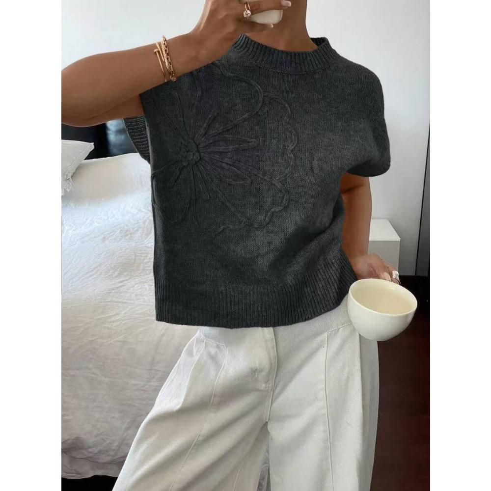 Gilet pull tricoté à col rond avec motif floral 3D élégant pour vêtements pour femmes