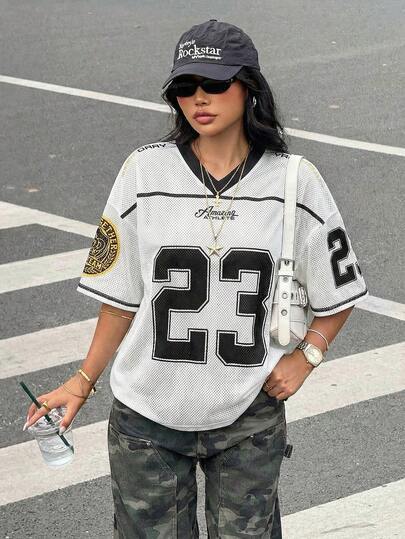 Dámské Vintage Síťované Tričko s Číslem 23 Oversize Volné Streetwear Sportovní Krátký Rukáv