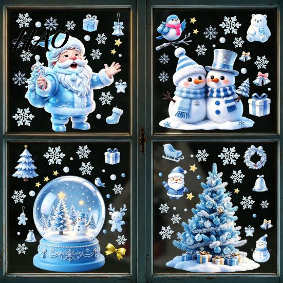 Christmas Window Clings Snowflakes Santa Static Sticker, Waterproof PVC Winter Festive Home Ornaments Decal, Decorative Removable Cling for
