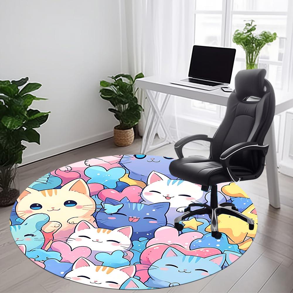 1PC Cats Kawaii Office Round Area Rug, Indoor Mat Suitable For Office, Under Office Chairs Bedroom Living Room Home Decor, Room Deco 171
