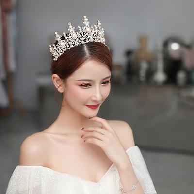 Corona de novia coreana, diadema de perlas de oro rosa, accesorios de boda con corona de aleación