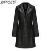 BITCED Long-Length Leather Coat Spring/Autumn Long-Sleeved Leather Trench Coat Stylish British-Style Outerwear Polo Neck Single-Breasted