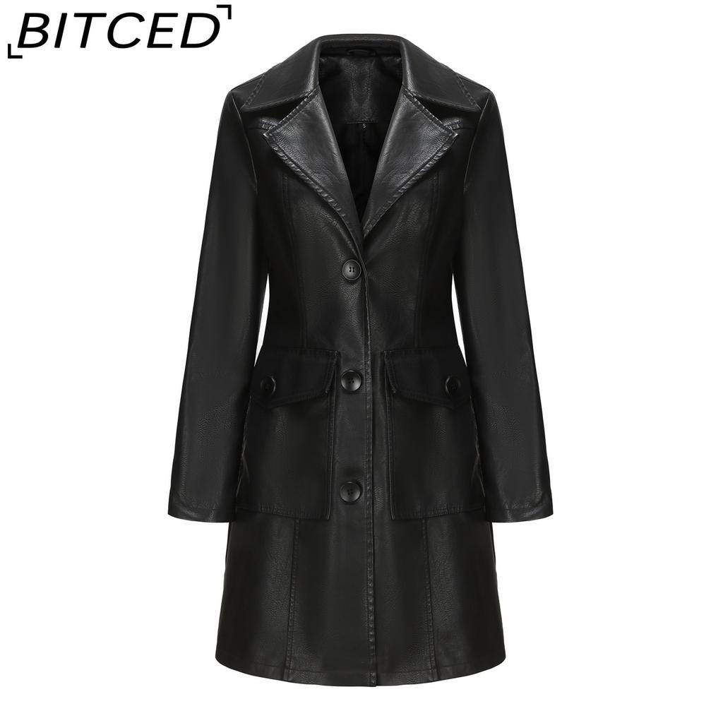 BITCED Long-Length Leather Coat Spring/Autumn Long-Sleeved Leather Trench Coat Stylish British-Style Outerwear Polo Neck Single-Breasted