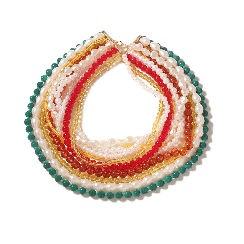 European and American new models, fashionable retro color multi-layer resin imitation pearl ins exaggerated bohemian women, necklace