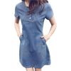 Vestido Casual Jeans Elegante Feminino de Verão com Gola O e Manga Curta Costurado para Uso Diário