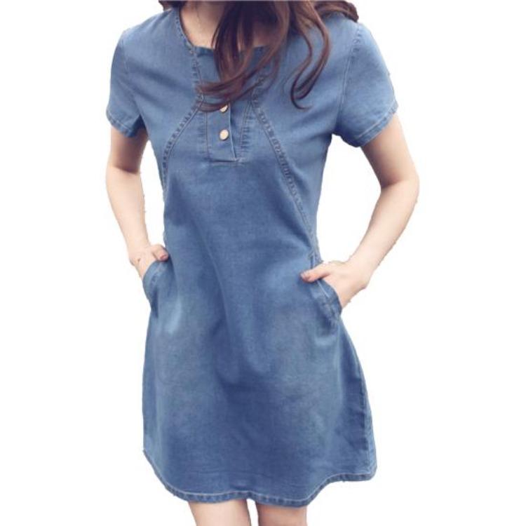 Vestido Casual Jeans Elegante Feminino de Verão com Gola O e Manga Curta Costurado para Uso Diário