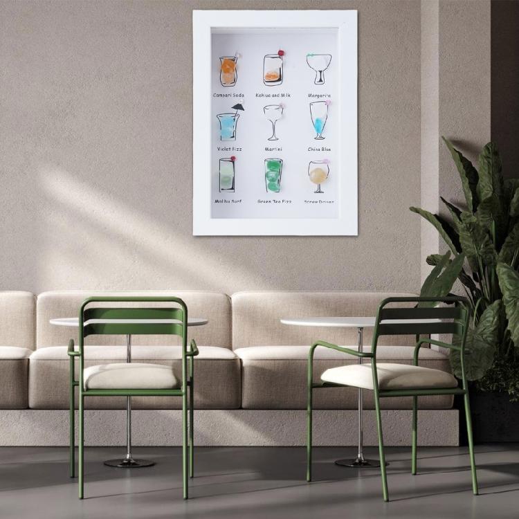 Colorful Seaside Coastal Cocktails Theme Wall Art Framed With Sea Glass For Dining Room Or Bar Decoration Birthday Gift