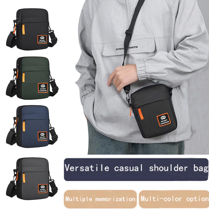 Durable Solid Men’s Crossbody Pack, Slim Lightweight Shoulder Bag with Contrast Orange Zip Decor and Patch