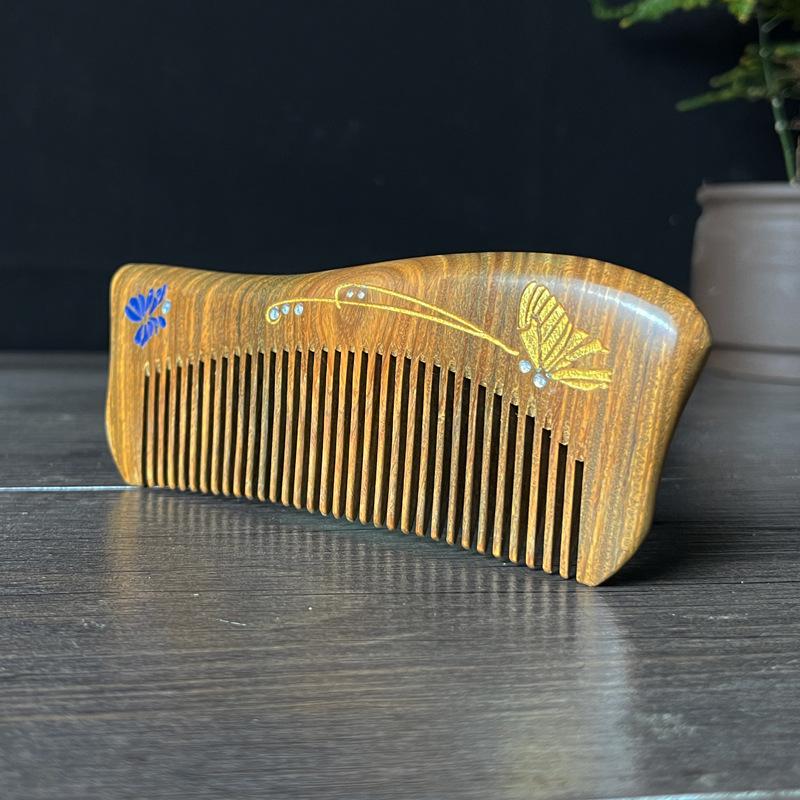 Creative Carved Green & Jade Sandalwood Gold-Painted Travel Comb for Men & Women
