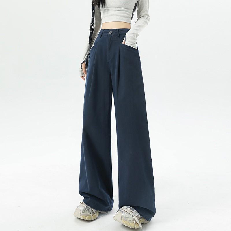 Womens High-Waisted Wide-Leg Straight Trousers Cotton Washed Fabric Loose Fit Casual Pants 2026