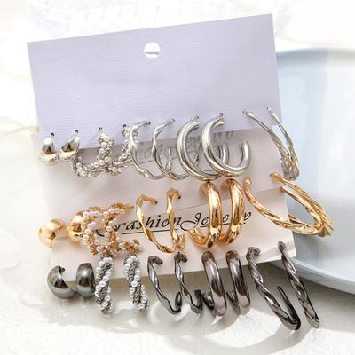 6 Pairs Hoop Earrings Faux Pearls C Shape Vintage Twist Drop Earrings for Party