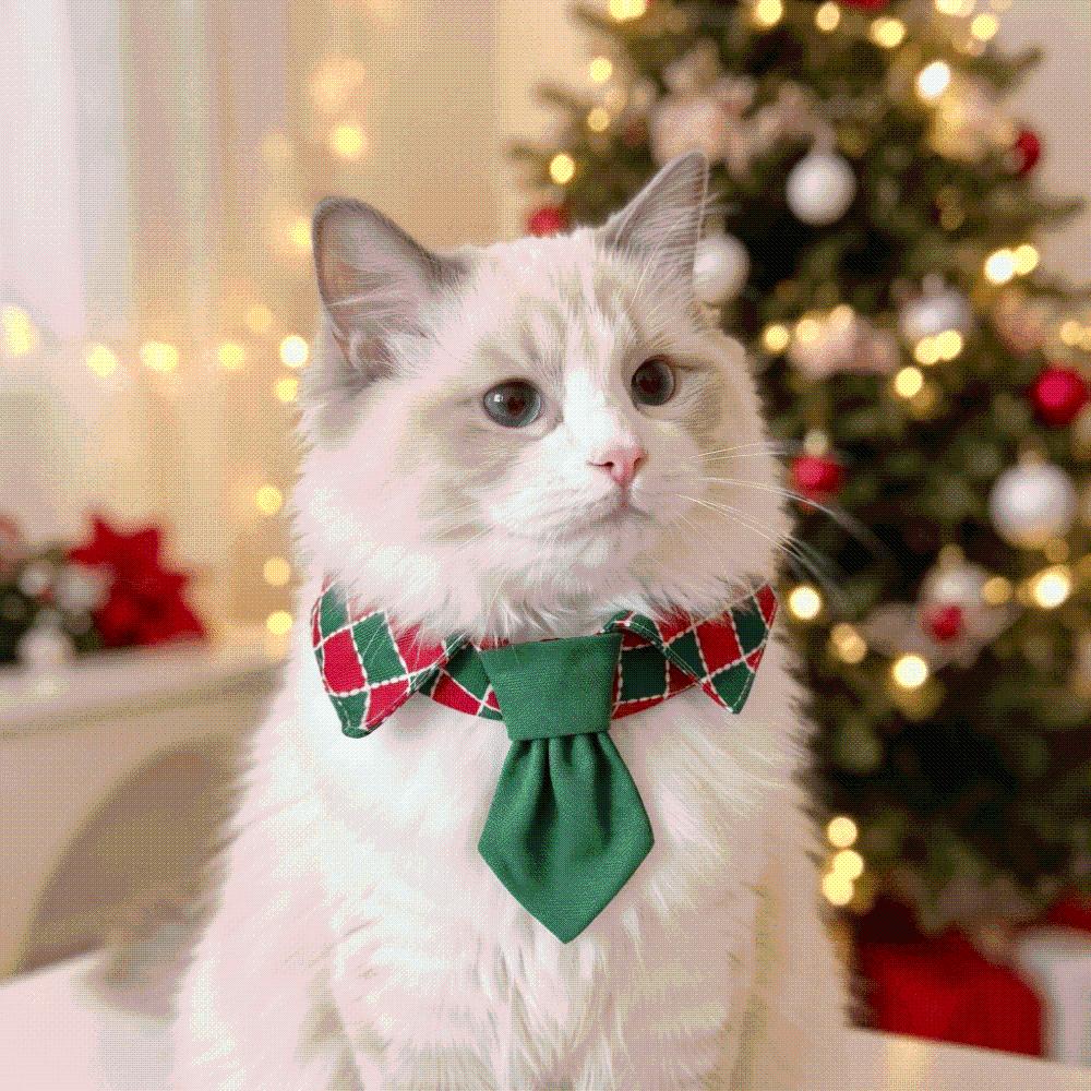 Plaid Pattern Cat Neck Tie Leash Ring .Plaid Puppy Hat Christmas Pet Collar Puppy Kittens