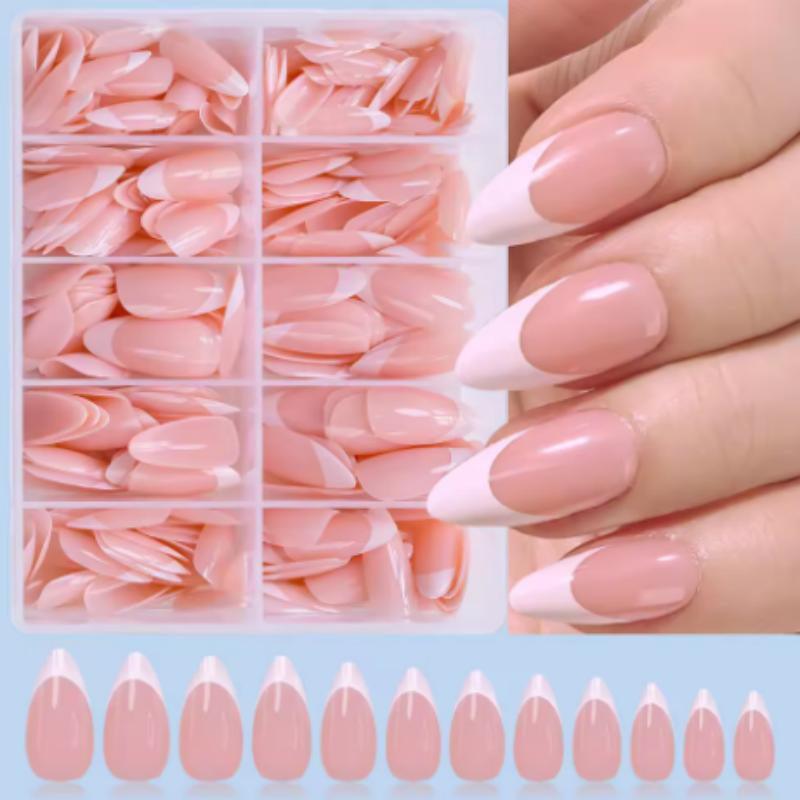 Almond Shape French Fake Nails Light Pink Full Cover Press On Nails White Edge Design Simple False Fingertips
