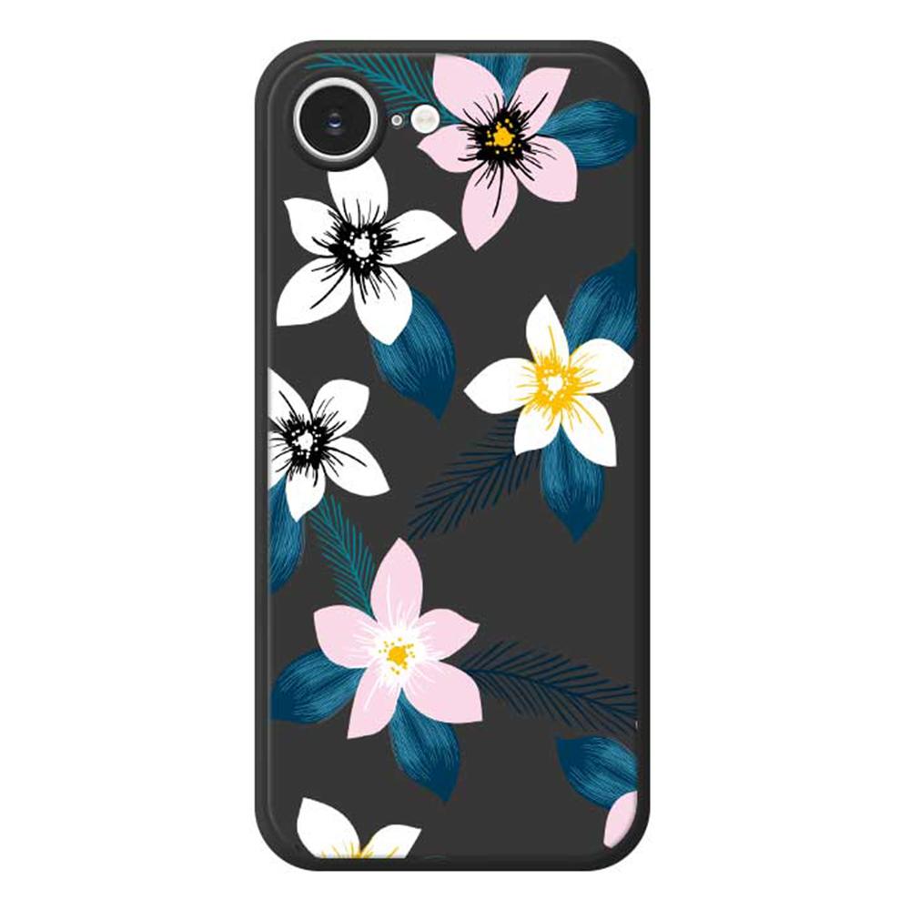 For iPhone 16e Case Pink White Flowers Blue Leaves Pattern Printing Straight Edge TPU Phone Back Cover