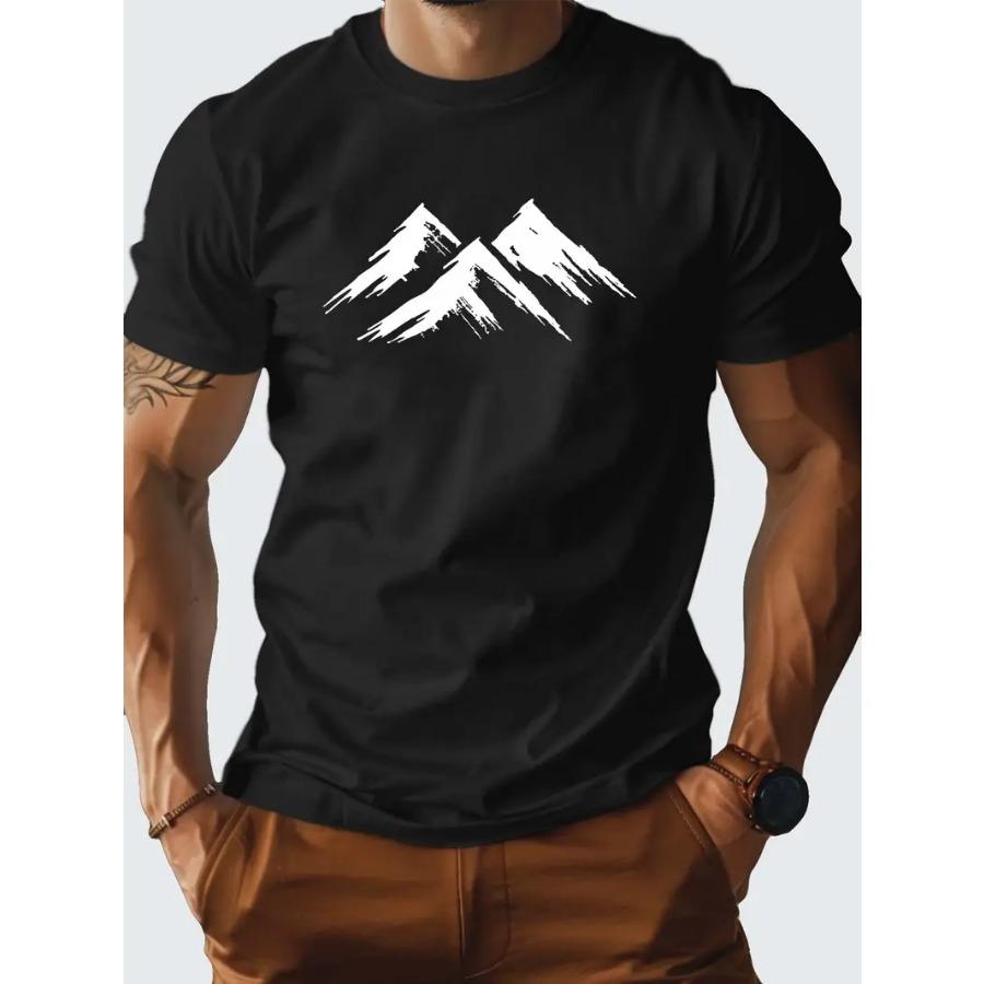 Men's 100% Pure Cotton Mountain Pattern Printed T-shirt, Casual Short Sleeved Round Neck T-shirt, Men Summer Outdoor Clothing