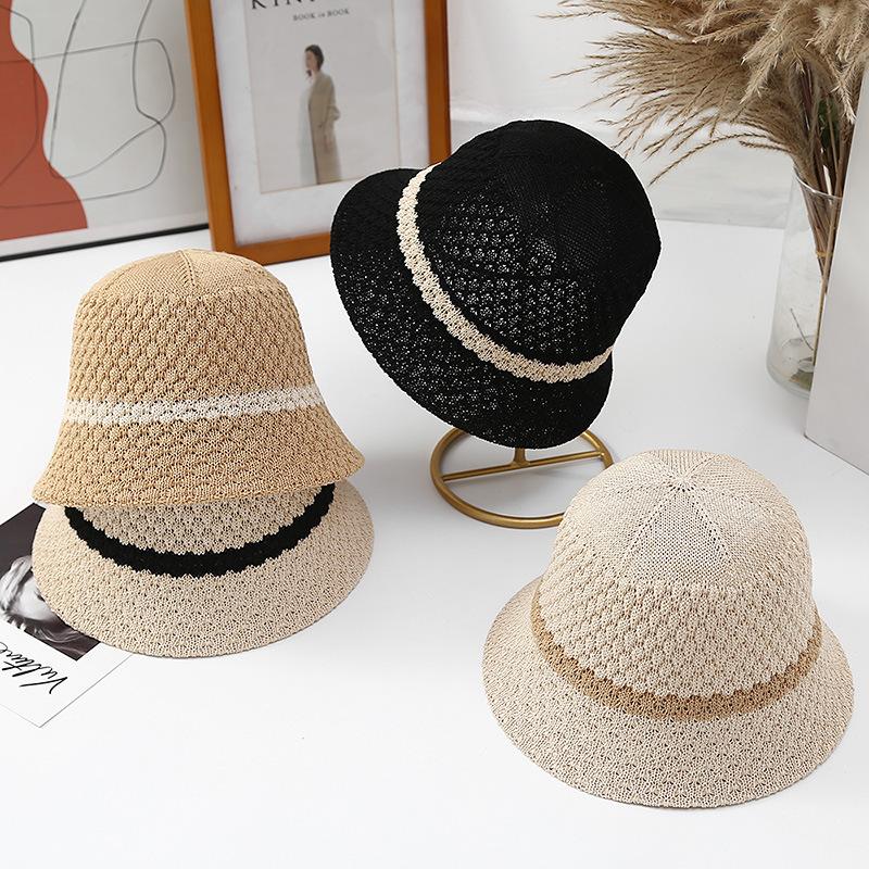 Summer Mesh Breathable Knitted Bucket Cap For Women Solid Color Wide Brim Sun Protection Panama Hat Outdoor Girls Travel Bob Hat