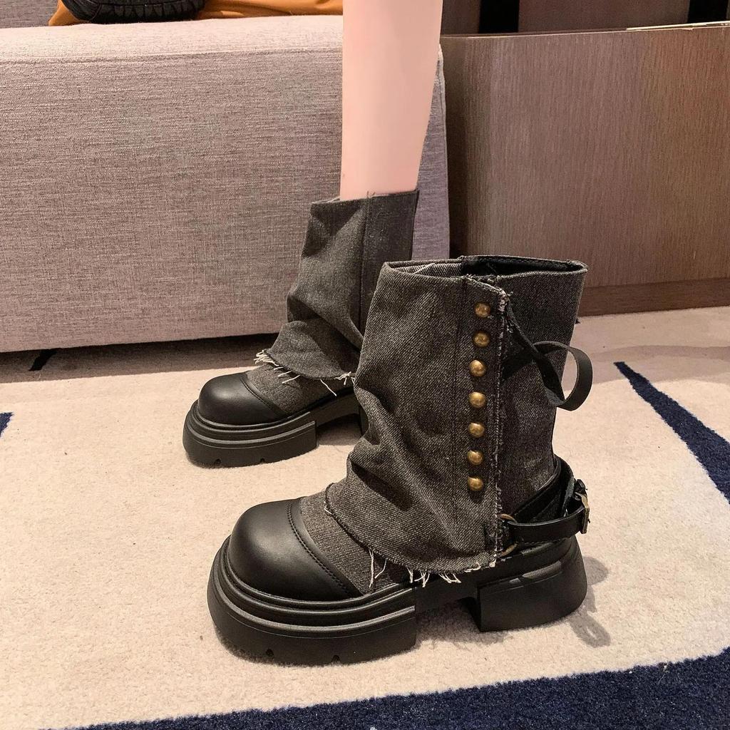 Women's Boots New Mid Calf Boots for Women Fashion Platform Boot Breathable Canvas Cowboy Boots for Women Motorcycle Botas