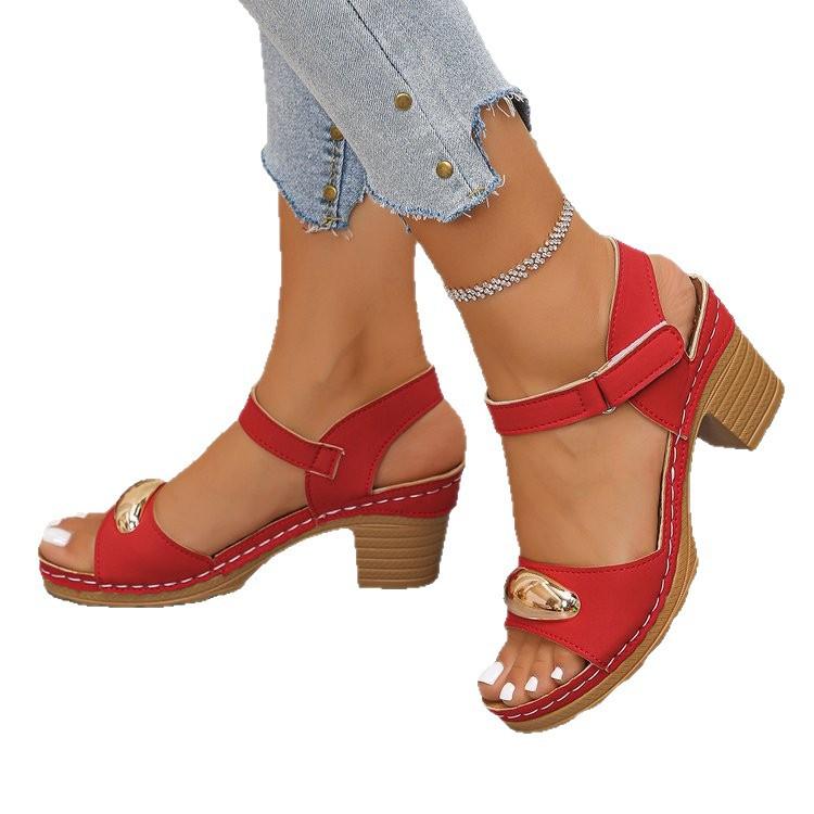 Large size new casual fish mouth round head one-word buckle high-heeled sandals