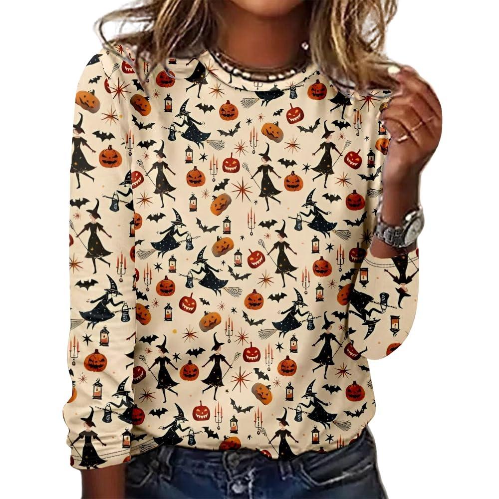 Women's Halloween 3D Printed Pumpkin Face Bat Long Sleeve Shirt Autumn Loose Casual Polyester Round Neck Fashion Casual Top