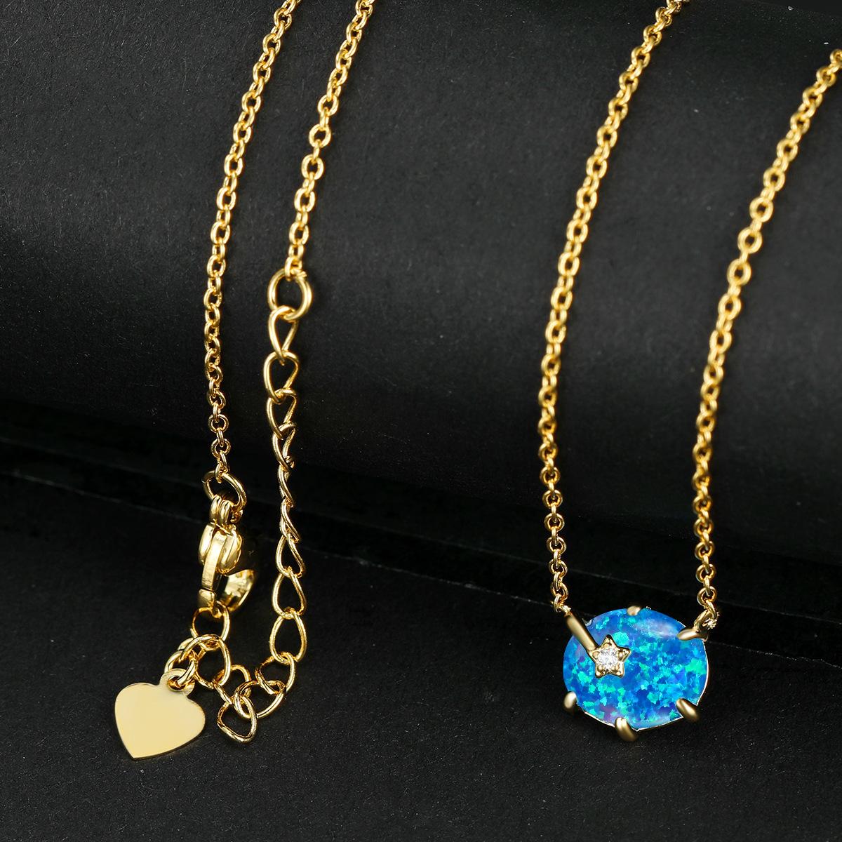 European and American blue Opal platinum oval six-claw blue Opal star necklace simple personalized versatile jewelry
