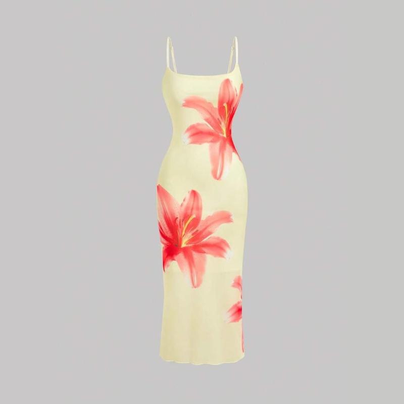 Summer Sexy Slim Fit Floral Print Suspender Bag Buttocks Beach Style Tight and Sweet Dress