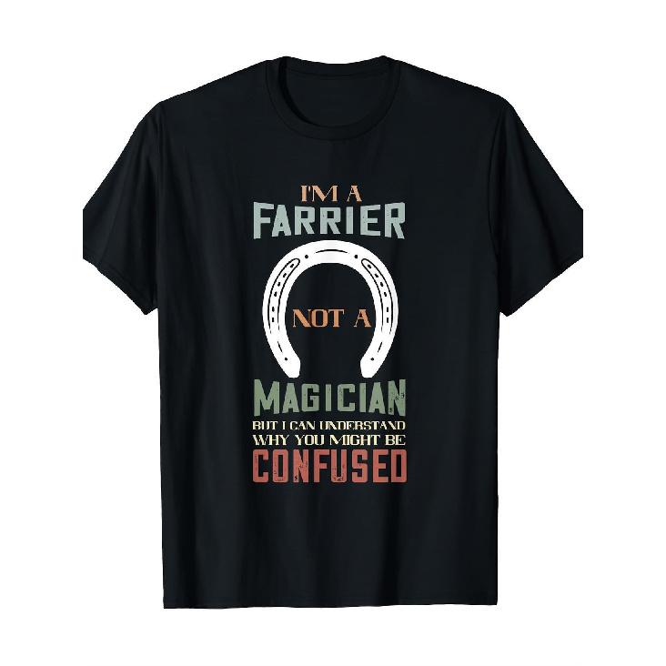 Humorous Farriers Aren T Wizards. This Black Short-Sleeve Equestrian T-Shirt Features a Horseshoe And a Perplexed Horse Design, Along with Farrier S