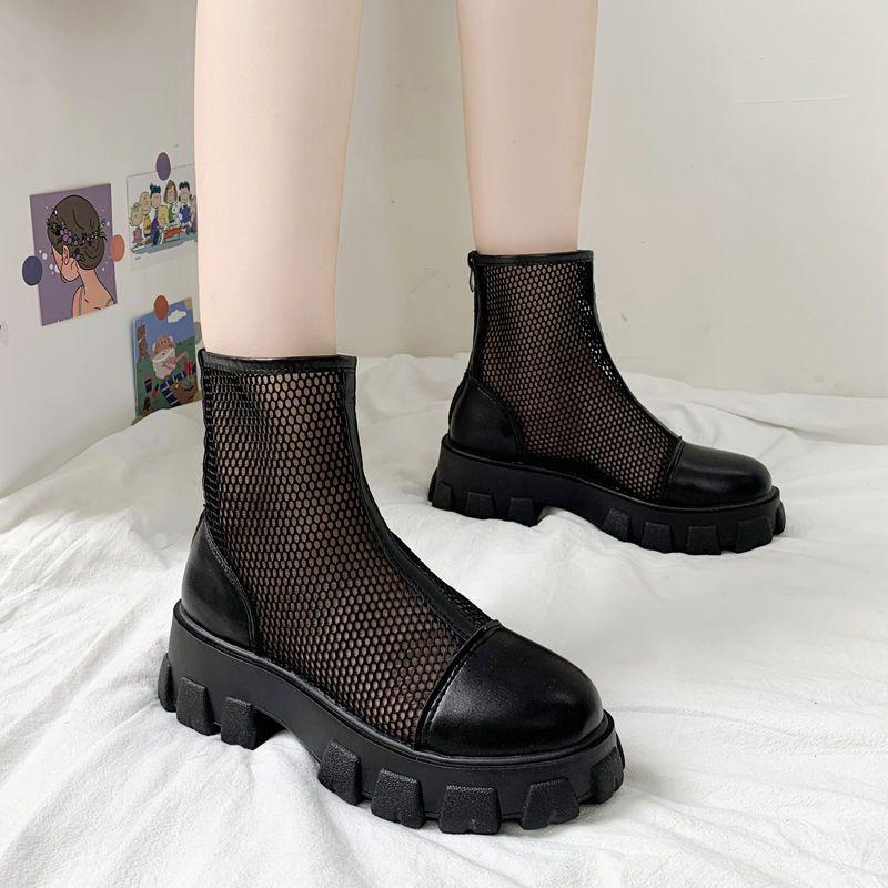 Cizme cu plasă de femeie, stil britanic, primăvară și vară, fund gros, plasă, suprafață, tifon, respirabile, subțiri, cizme reci