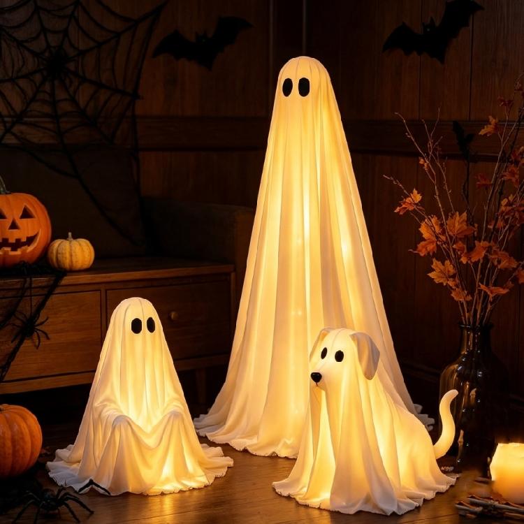 Ensemble d'affichage de figurines pour porche et jardin d'Halloween, Ensemble de 3 figurines esprit en tissu LED blanc chaud avec télécommande pour décoration de fenêtre de fête