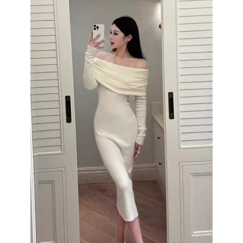 Gentle wind white soft waxy one-word shoulder sweater skirt autumn and winter new temperament slim-fitting off-the-shoulder bottoming knitted dress