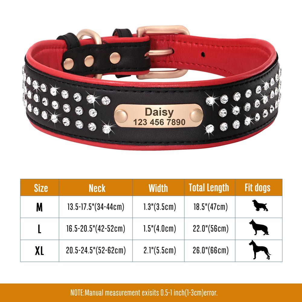 Personalized Dog Collar Bling Rhinestone Leather Pet Collars For Small Medium Large Dogs Engraved Pet ID Nameplate Necklace
