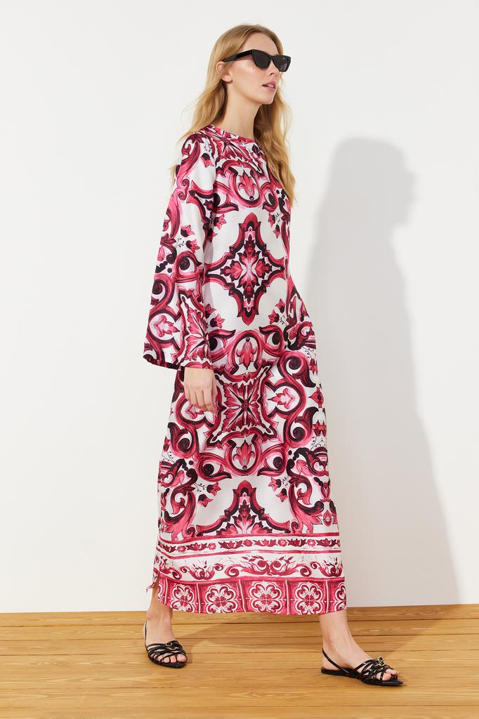 Women's Fashion New Hijab Evening Dress Blue Satin Surface Ethnic Patterned Evening Dress