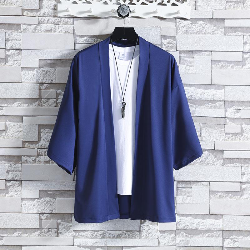 Men's Casual Seven-Sleeve Ice Silk Cardigan, Chinese Style, Solid Color, Plus Size