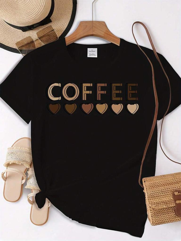 Unisex Crew Neck Shortsleeve Tshirt Coffee Letter Graphic Print Casual Top For Spring Summer Daily Tee Tops