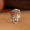 Vintage Openwork Red Flower Ruyi Adjustable Ring Women Ethnic Retro Fashion Temperament Elegant Band